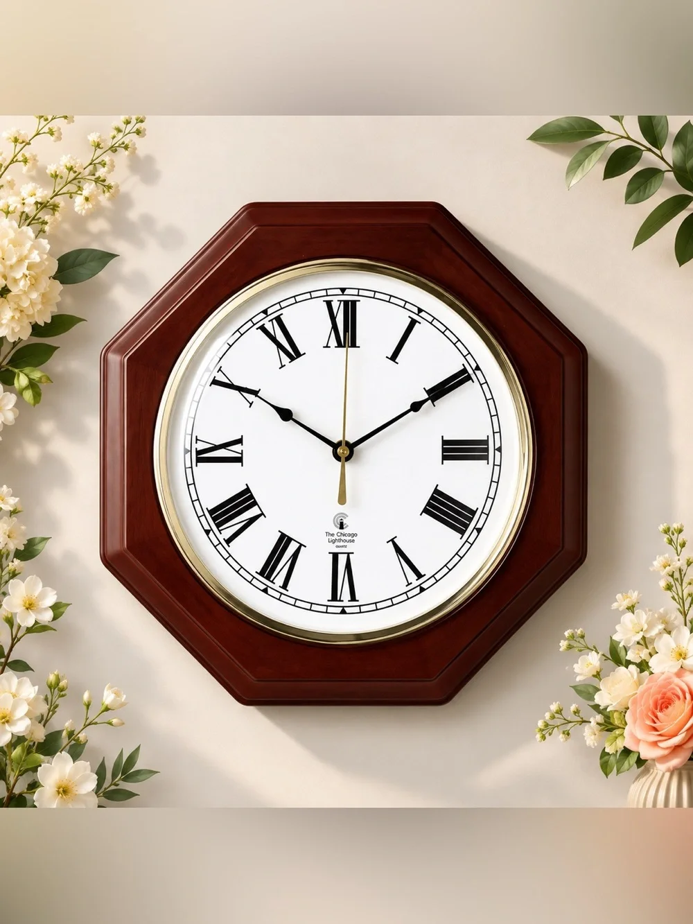 The Chicago Lighthouse Mahogany Octagon Quiet Wall Clock 12 inch